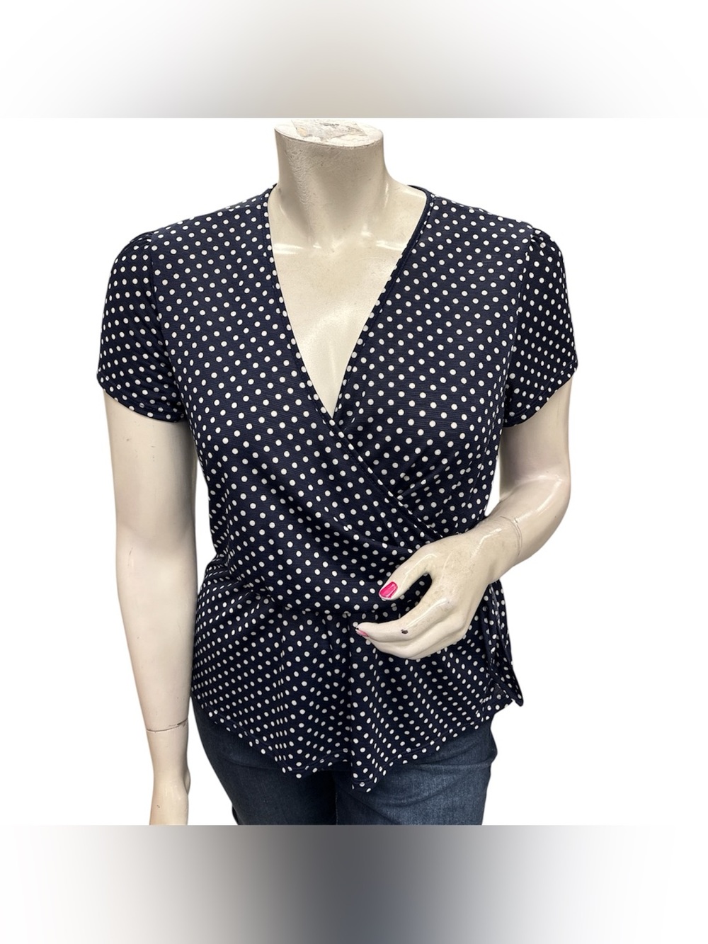 Reitmans Navy and White Polka Dot Wrap Blouse Size XL